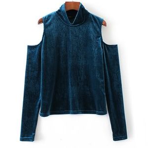Teal Green Velvet Cold shoulder Top